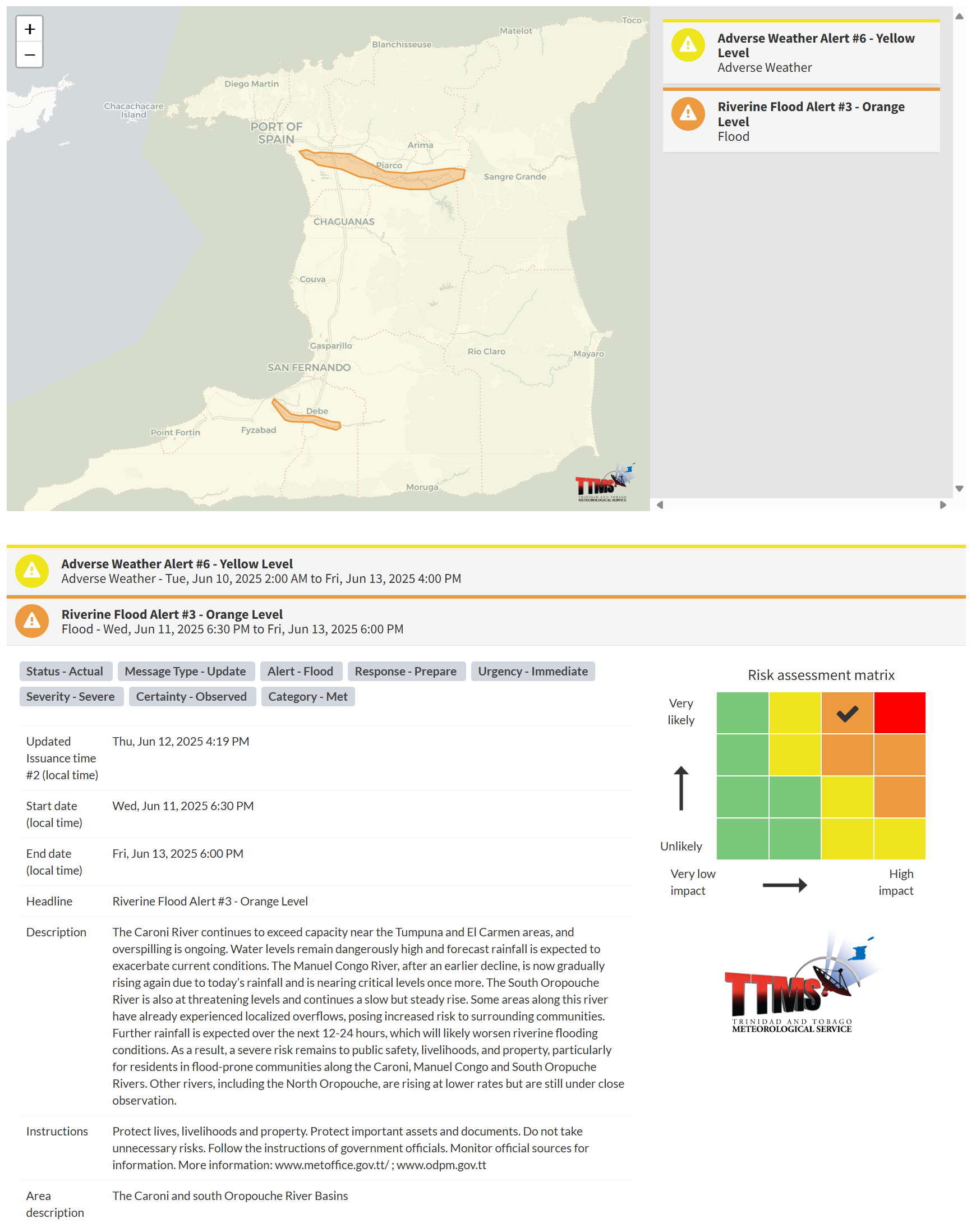 Riverine Flood Alert information from the Trinidad and Tobago Meteorological Service