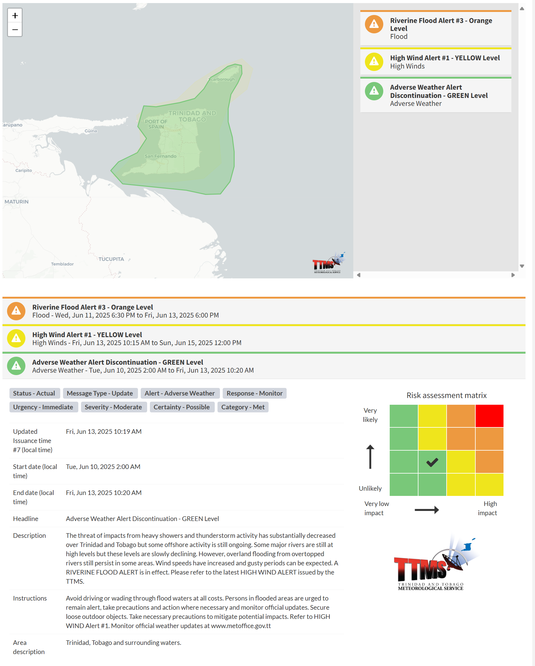 Adverse Weather Alert information from the Trinidad and Tobago Meteorological Service