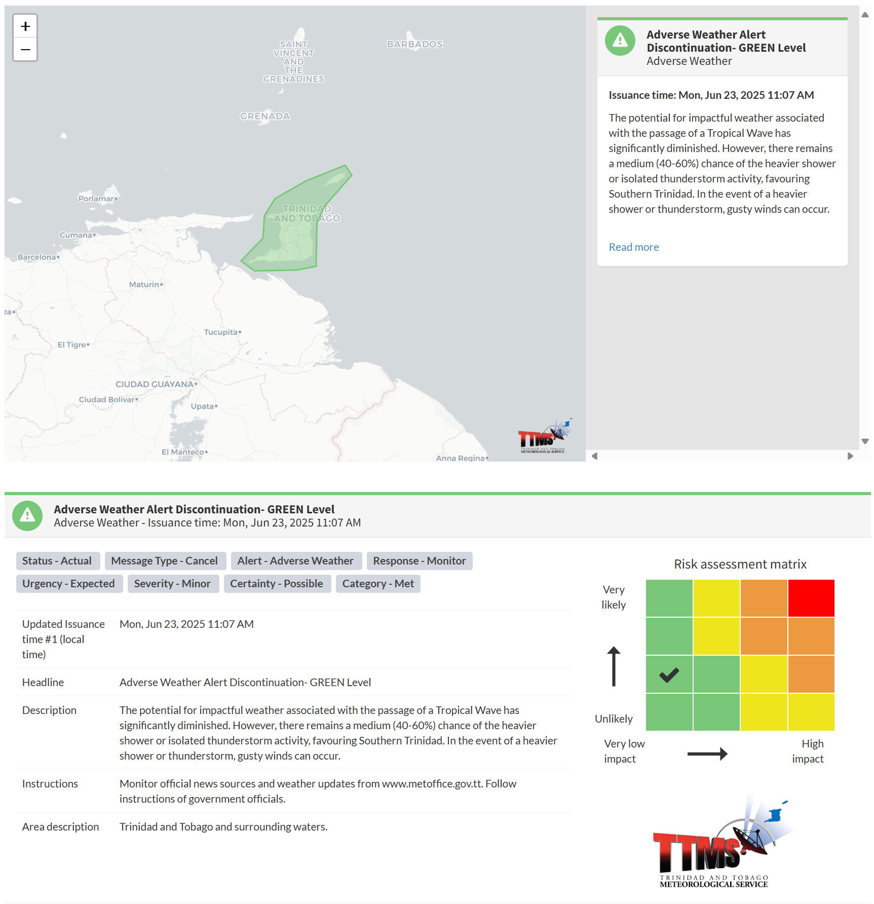Adverse Weather Alert information from the Trinidad and Tobago Meteorological Service