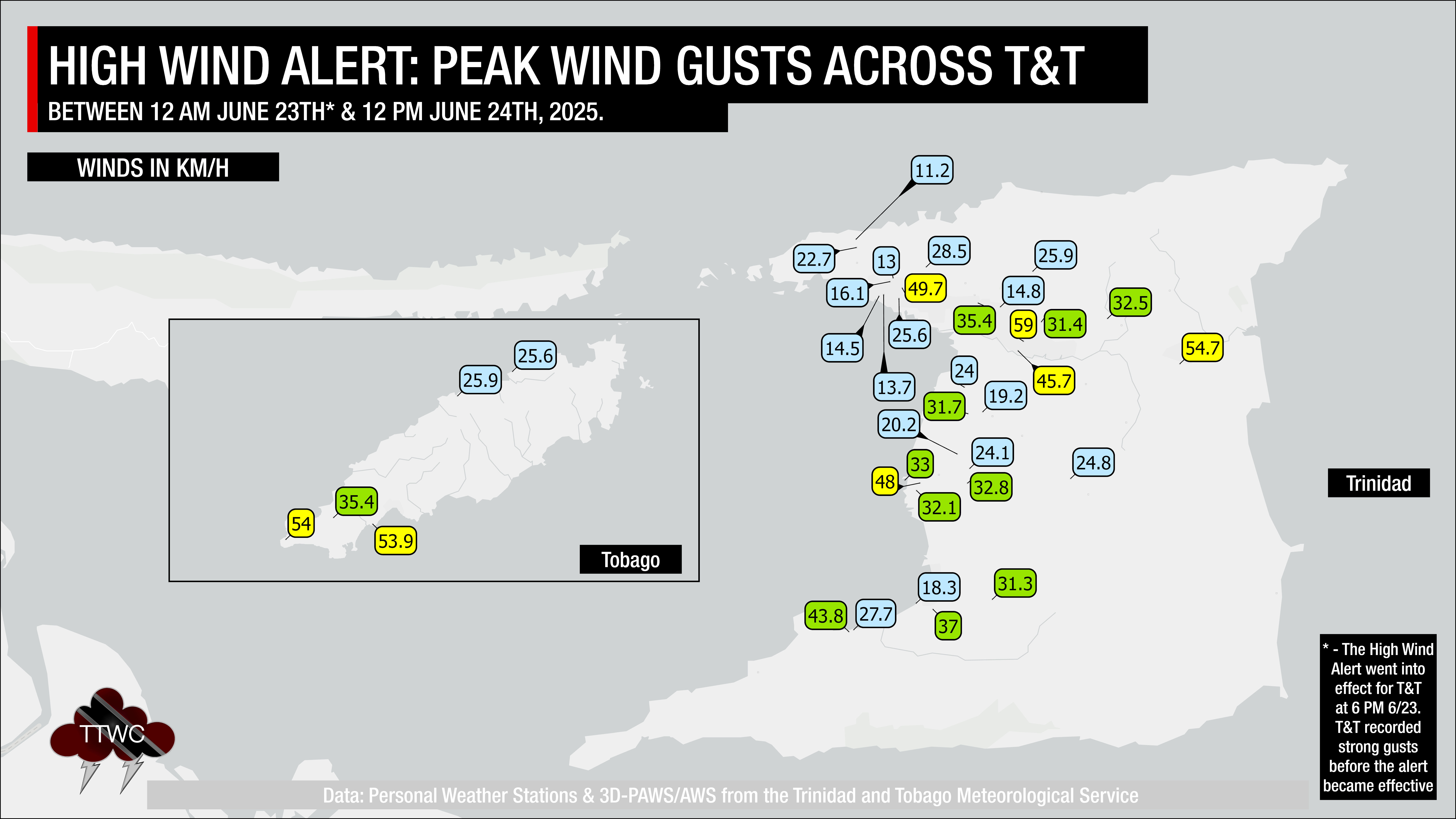 Peak wind gusts recorded across Trinidad and Tobago over the last 36 hours, ending at noon Tuesday, June 24th, 2025.