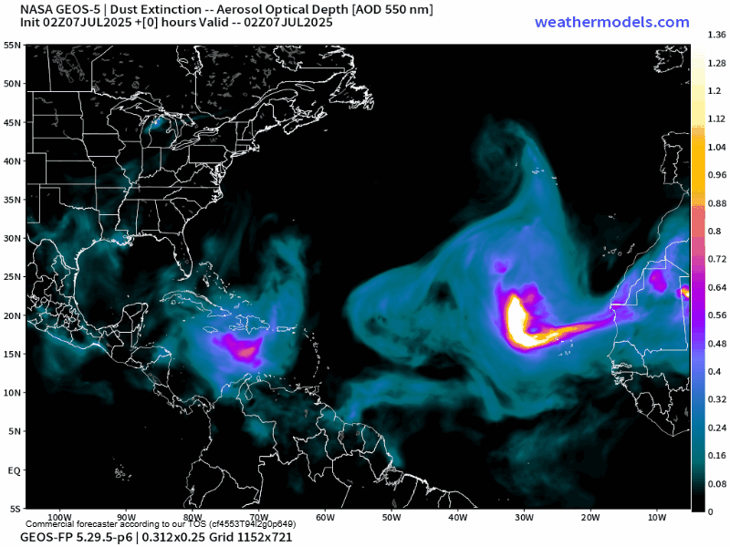 00Z Monday, July 7th, 2025, NASA GEOS-5 Dust Extinction Monitoring Tropical Atlantic Dust Aerosol Optical Depth showing Saharan Dust. (Weathermodels.com)