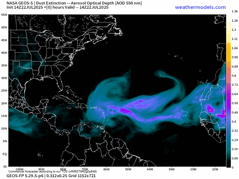 12Z Tuesday, July 22nd, 2025, NASA GEOS-5 Dust Extinction Monitoring Tropical Atlantic Dust Aerosol Optical Depth showing Saharan Dust. (Weathermodels.com)