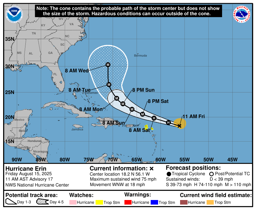 Latest cone of uncertainty from the National Hurricane Center for Hurricane Erin as of 11:00 AM Friday, August 15th, 2025.