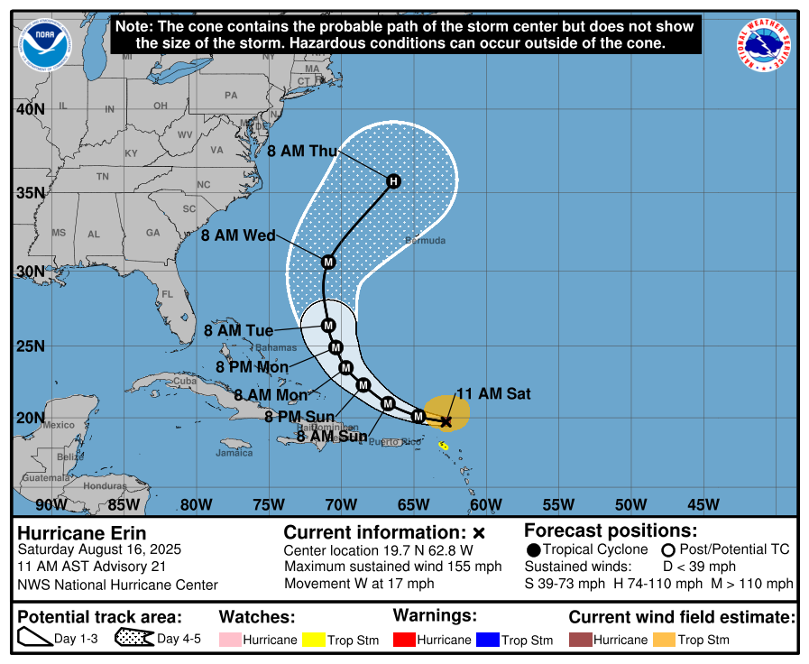 Latest cone of uncertainty from the National Hurricane Center for Hurricane Erin as of 11:00 AM Saturday, August 16th, 2025.