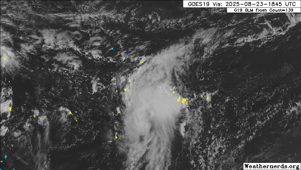Tropical Storm Fernand was south-southeast of Bermuda on Saturday evening, producing scattered thunderstorms and cloudiness.