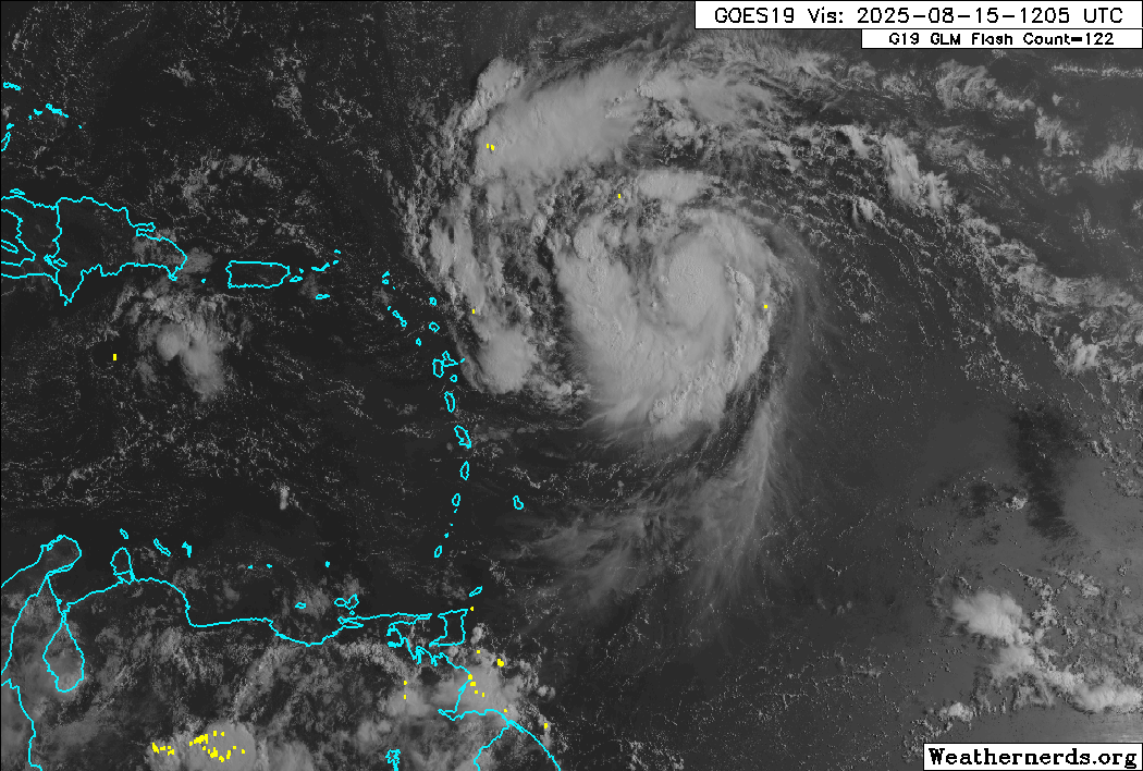 Hurricane Erin east of the Leewards and north-northeast of Trinidad and Tobago as of 11:00 AM Friday, August 15th, 2025. (Weathernerds.org)