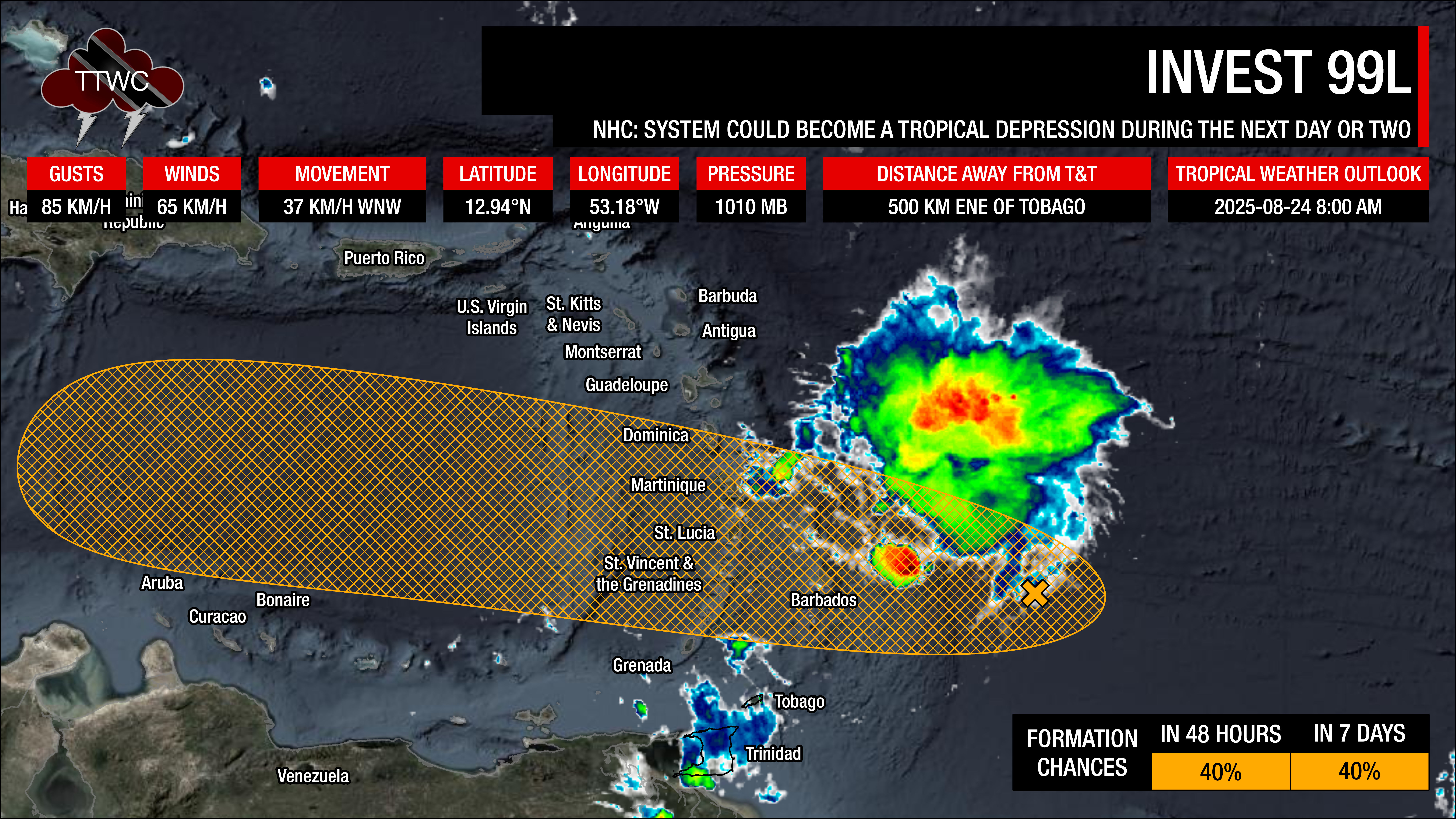 Tropical Weather Outlook from the National Hurricane Center for Invest 99L, a tropical wave east of the Lesser Antilles, as of 8:00 AM Sunday, August 24th, 2025.