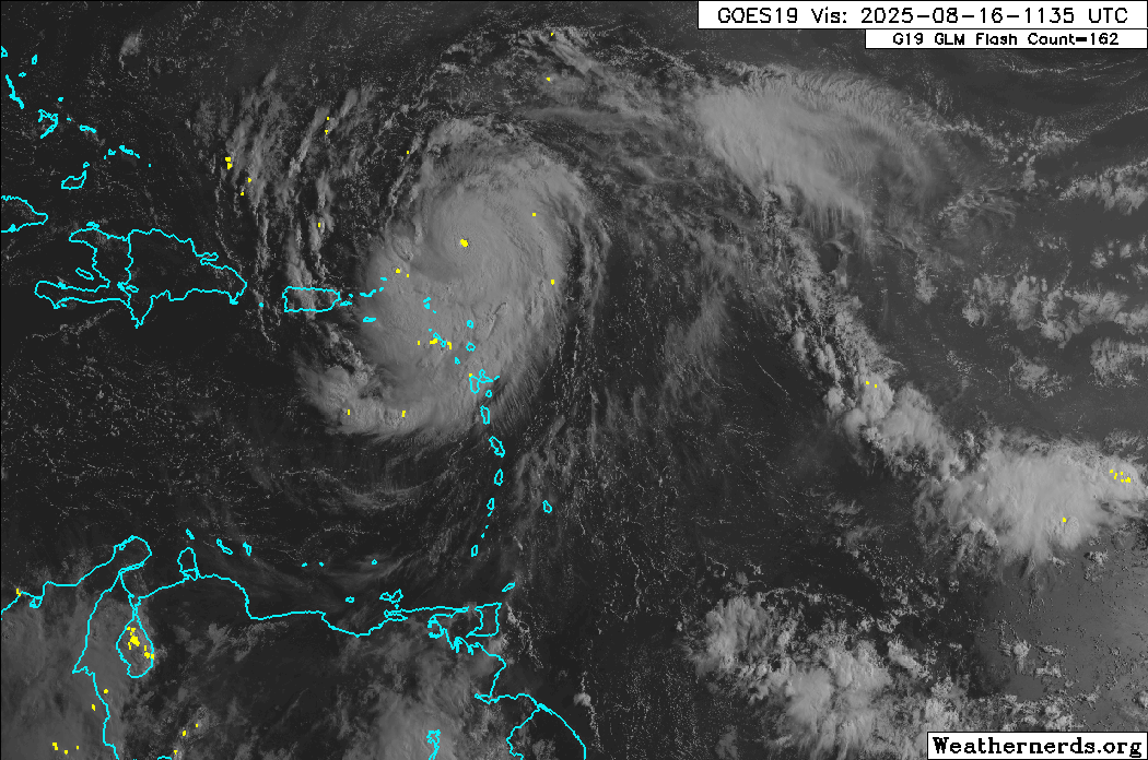 Hurricane Erin north of the Leewards and north-northwest of Trinidad and Tobago as of 11:00 AM Saturday, August 16th, 2025. (Weathernerds.org)