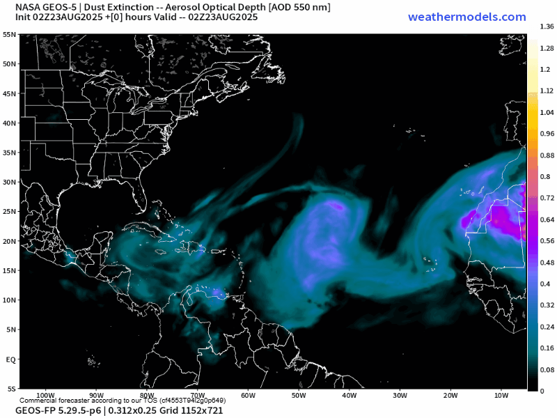 00Z Saturday, August 23rd, 2025, NASA GEOS-5 Dust Extinction Monitoring Tropical Atlantic Dust Aerosol Optical Depth showing Saharan Dust. (Weathermodels.com)