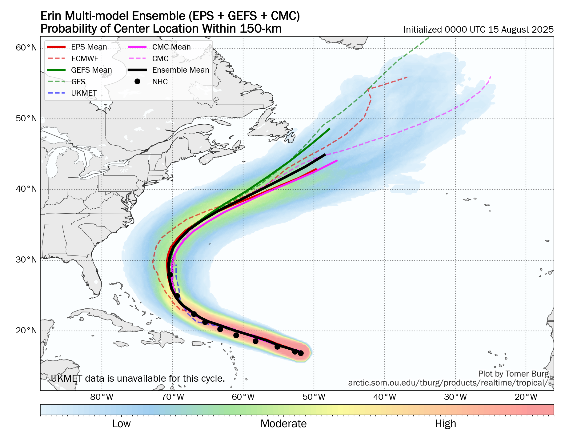 00Z 15th August, 2025, deterministic and hurricane model guidance for now-Hurricane Erin, showing clustered possible tracks from the top leading global models. (Tomer Burg)