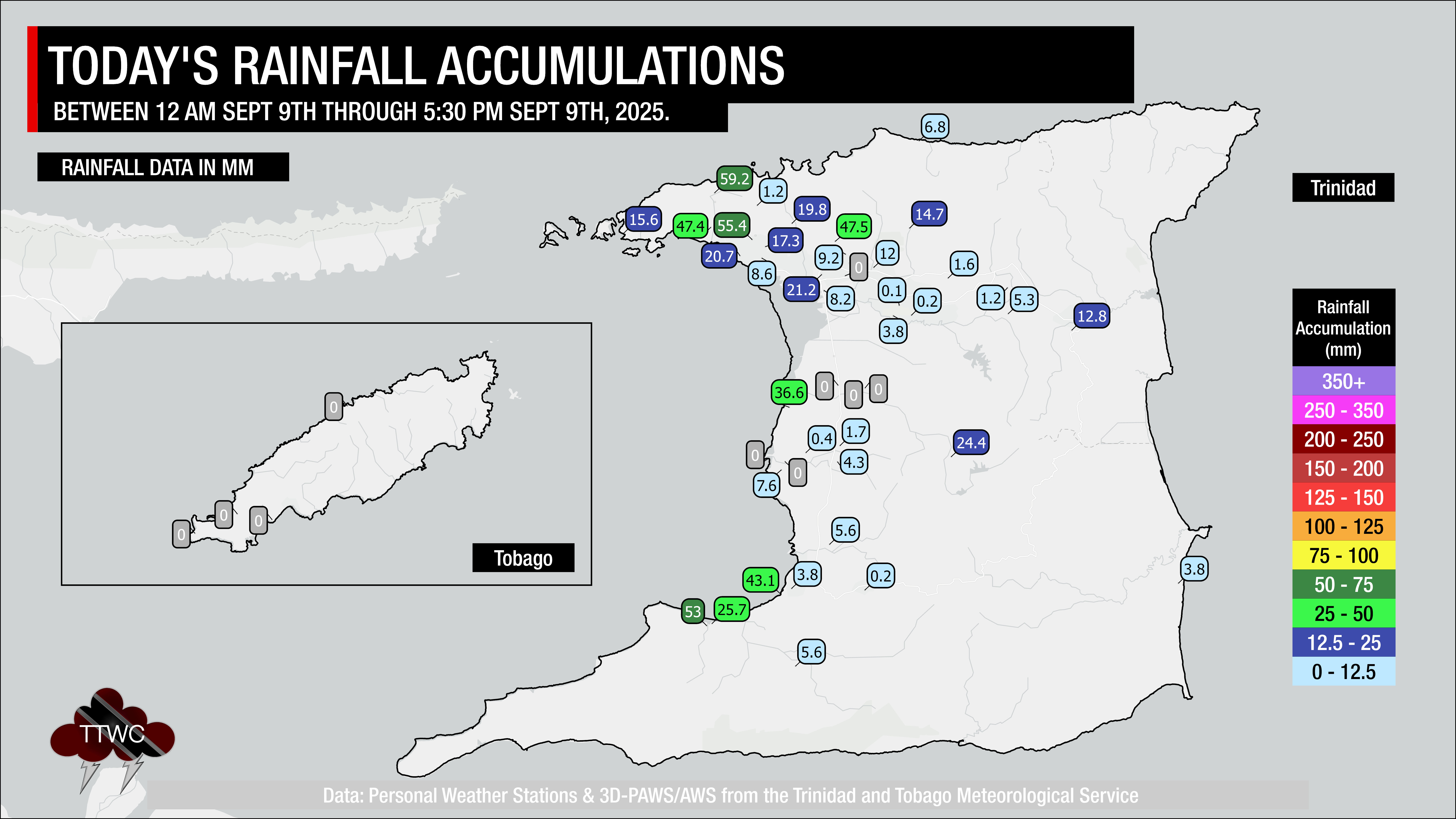 Today's rainfall accumulations across Trinidad and Tobago.