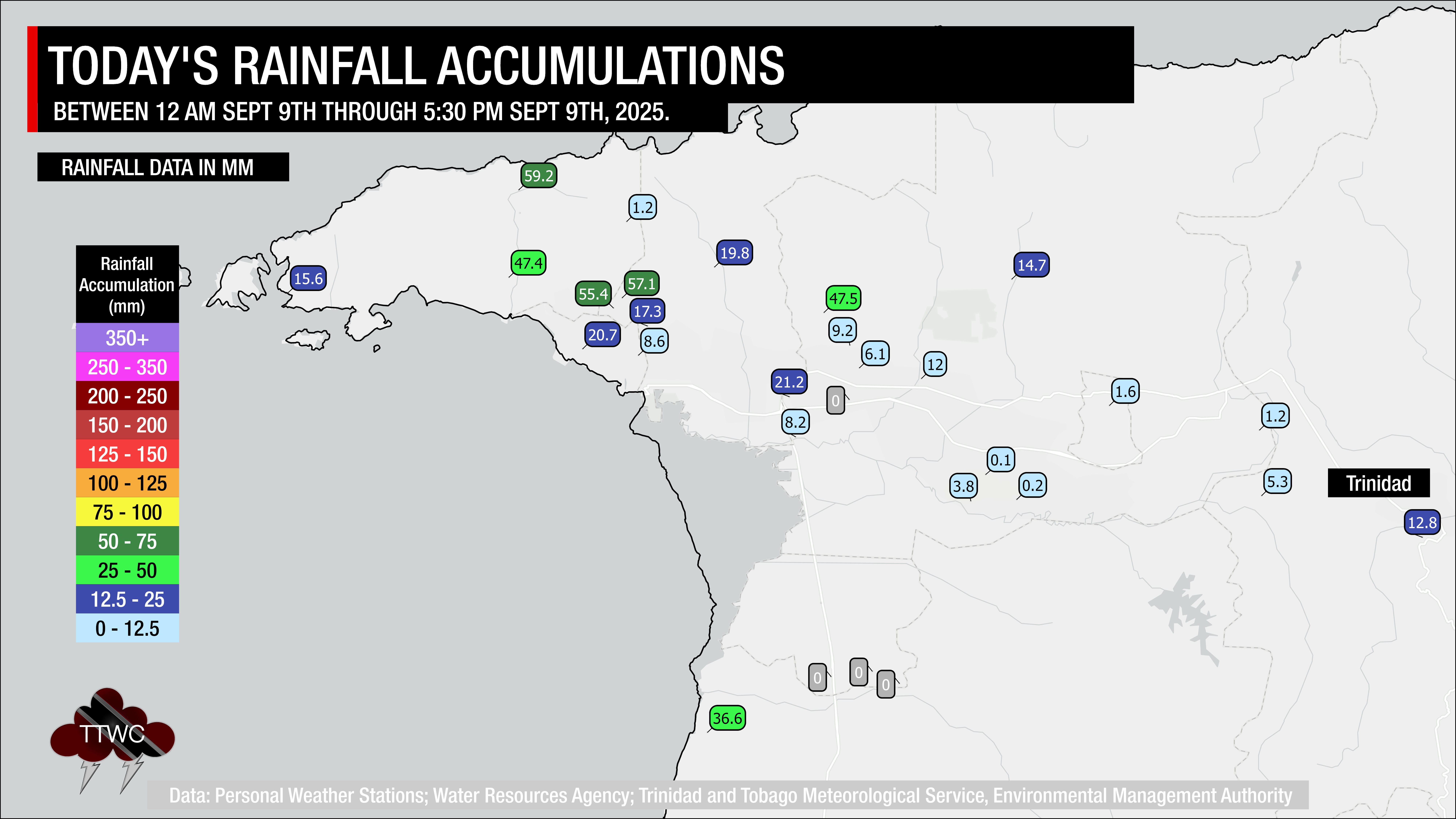 Today's rainfall accumulations across Trinidad and Tobago.