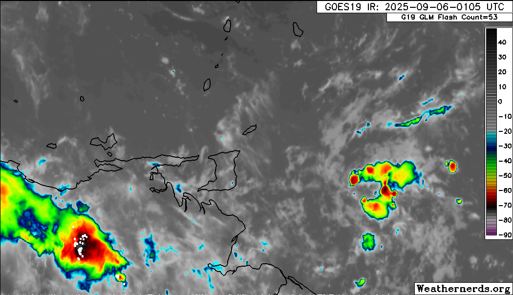 Developing showers and thunderstorms east of Trinidad, approaching the area. (Weathernerds.org)