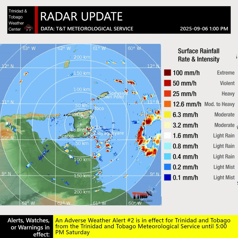 13-hour radar loop from midnight on Saturday through 1:00 PM Saturday showing scattered showers weakening on the approach to Trinidad and Tobago.