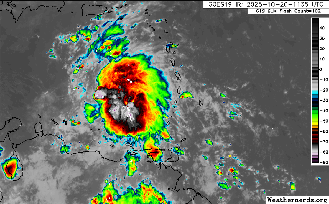 Invest 98L west of the Lesser Antilles in the Caribbean Sea on Monday afternoon (Weathernerds.org)