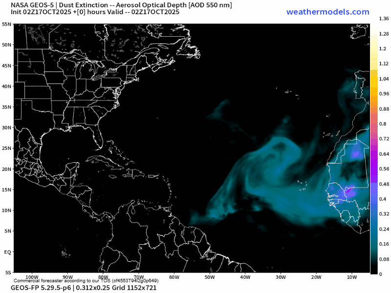00Z Friday, October 17th, 2025, NASA GEOS-5 Dust Extinction Monitoring Tropical Atlantic Dust Aerosol Optical Depth showing Saharan Dust. (Weathermodels.com)