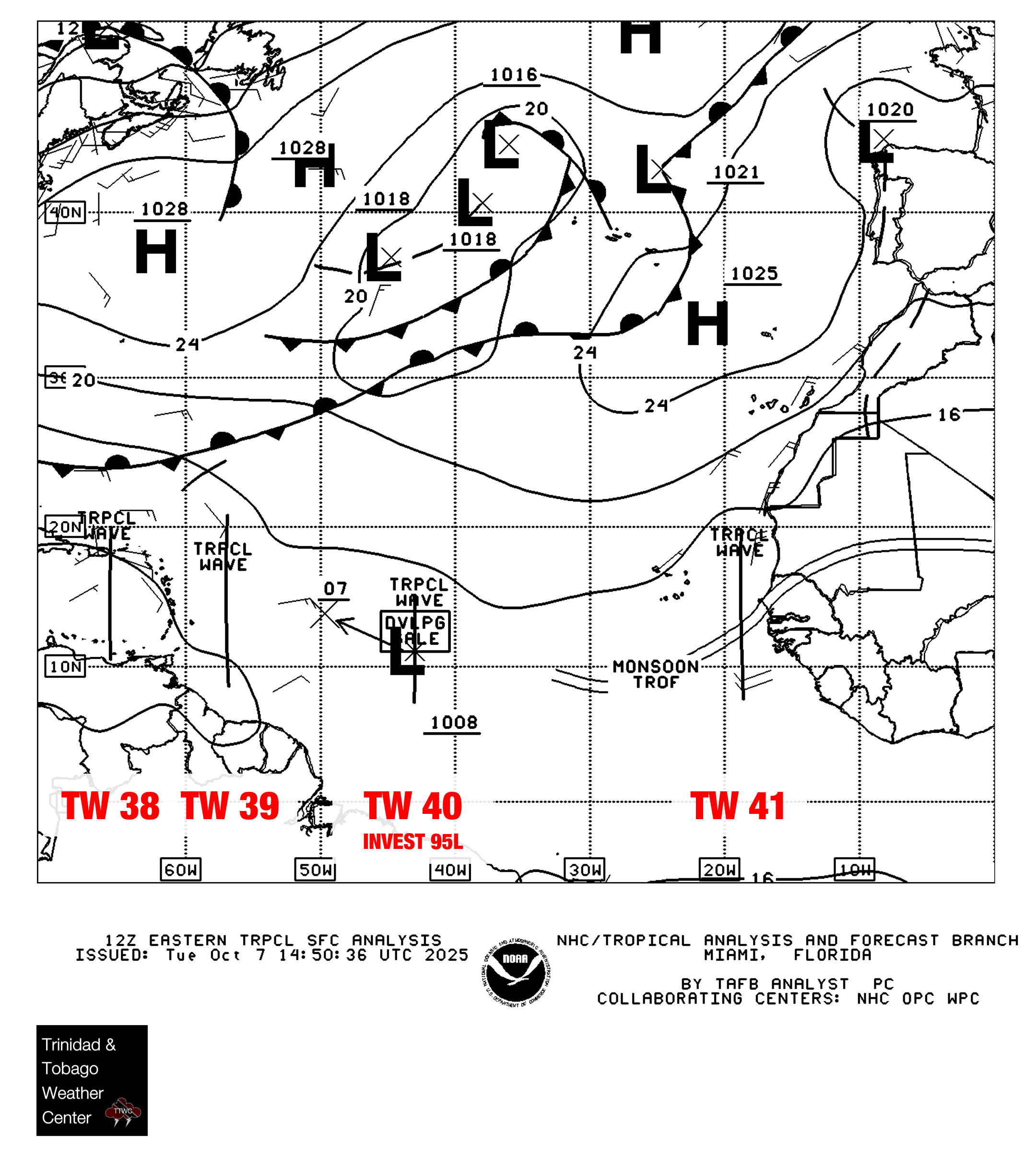 8:00 AM Tuesday, October 7th, 2025, Surface Analysis from the Tropical Prediction Center.