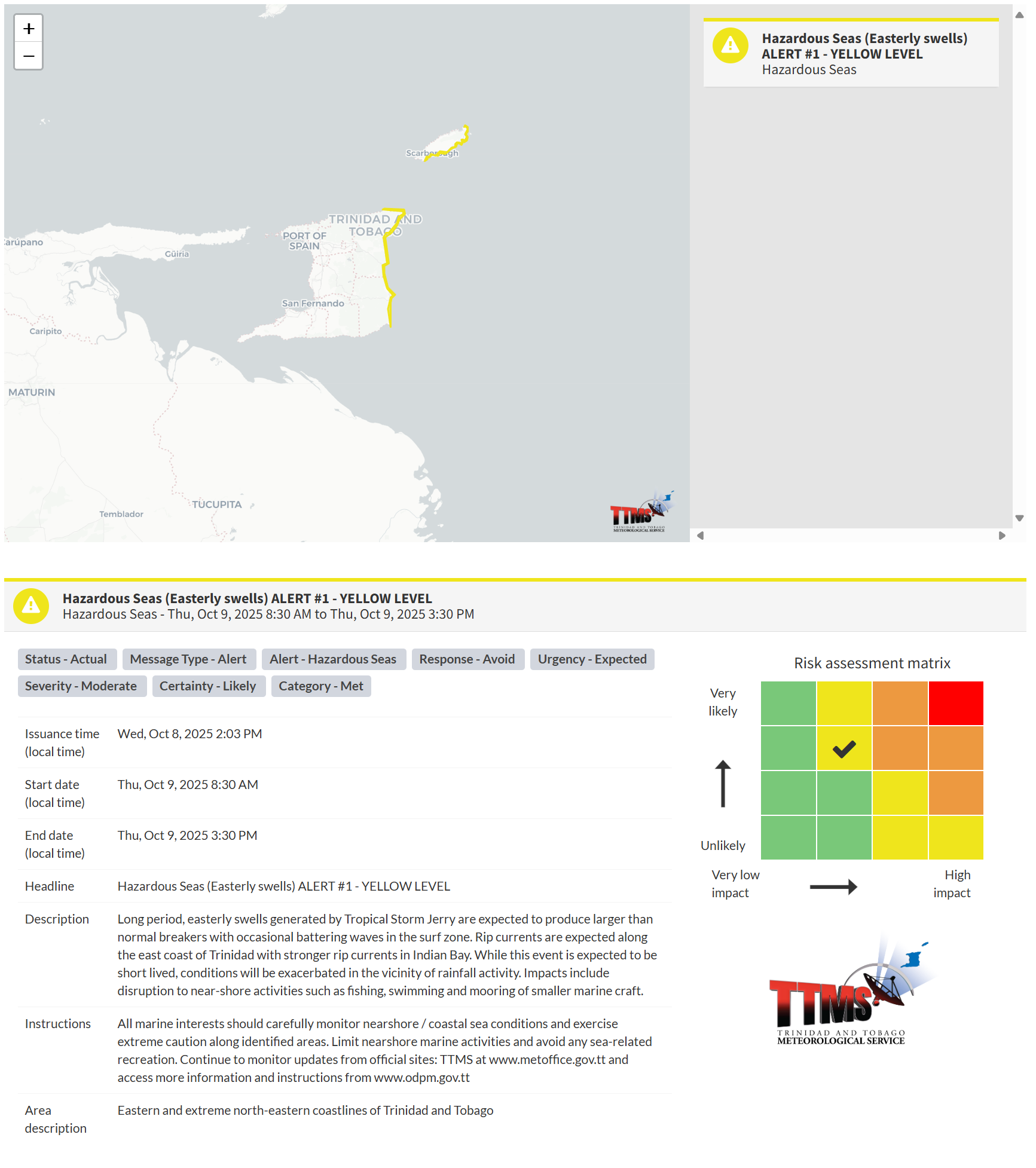 Hazardous Seas Alert information from the Trinidad and Tobago Meteorological Service