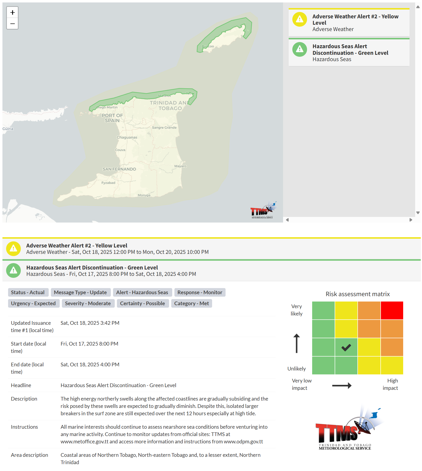 Hazardous Seas Alert information from the Trinidad and Tobago Meteorological Service