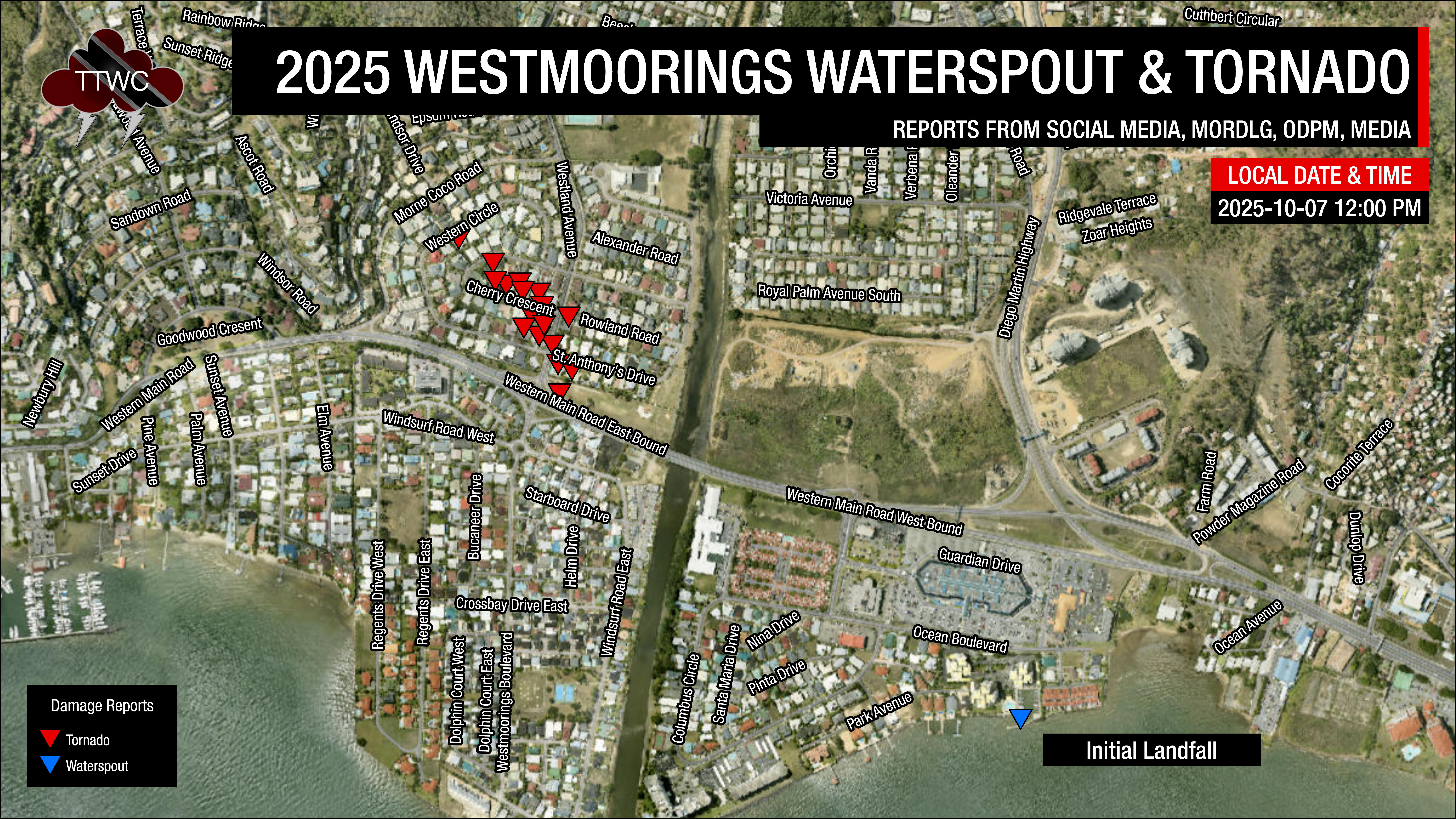 Path of the tornado across Westmoorings, noted by damage reports at St. Anthony's Drive, Rowland Road, Cherry Crescent, and Western Circle.