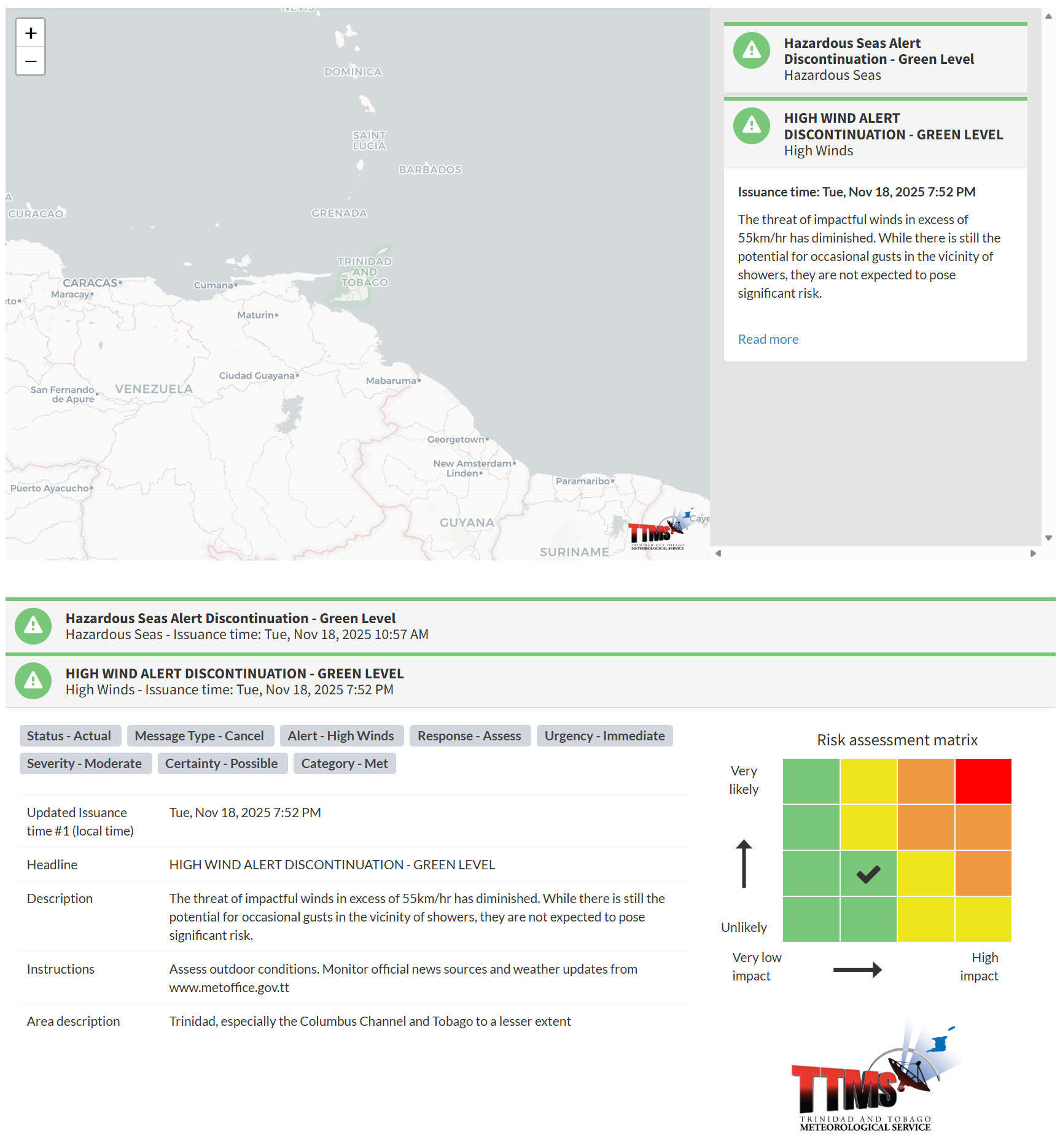 High Wind Alert information from the Trinidad and Tobago Meteorological Service