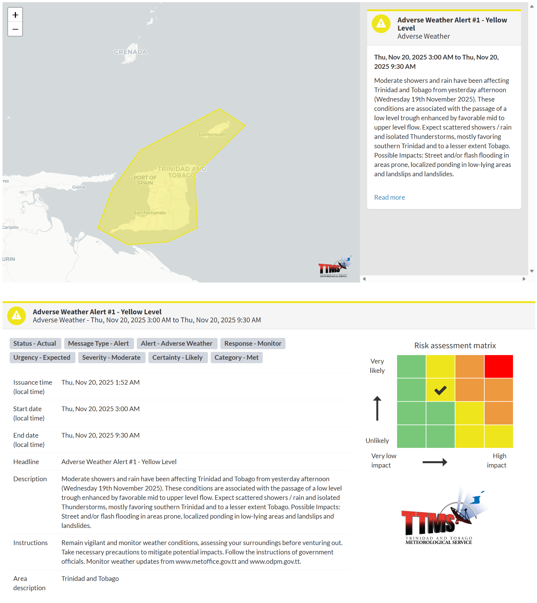 Adverse Weather Alert information from the Trinidad and Tobago Meteorological Service