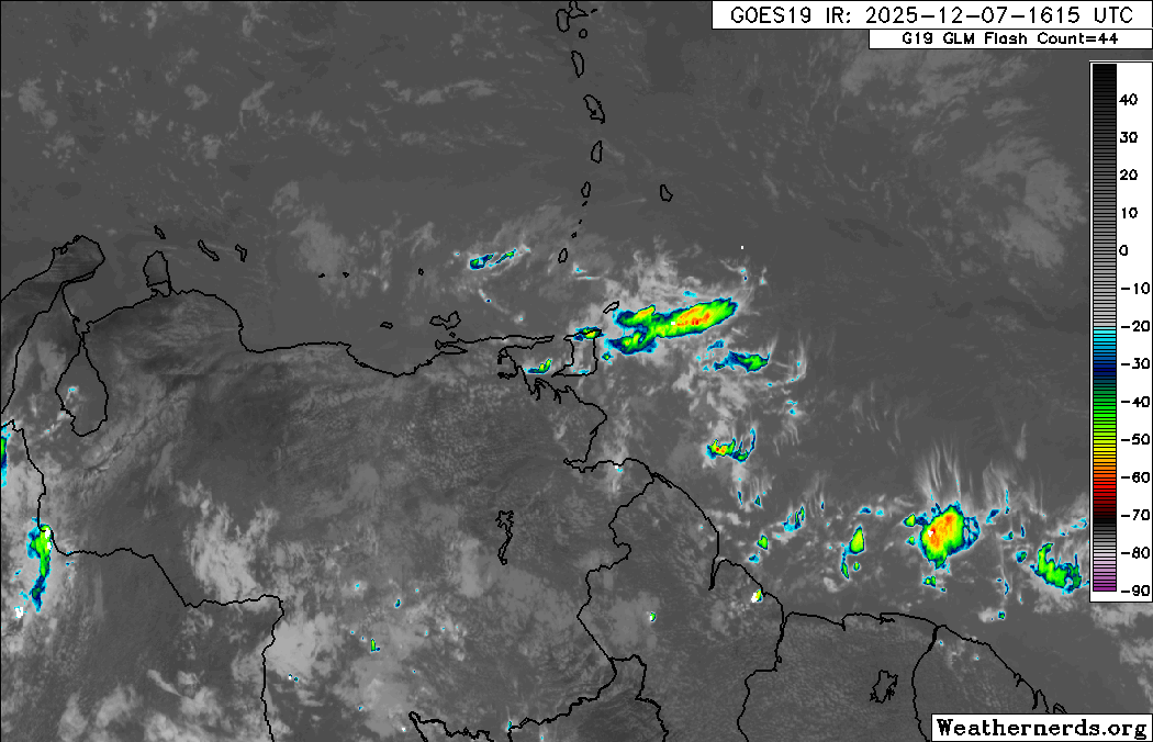 Activity associated with a low-level trough east of Trinidad and Tobago, forecast to bring rainfall to the country. (Weathernerds.org)