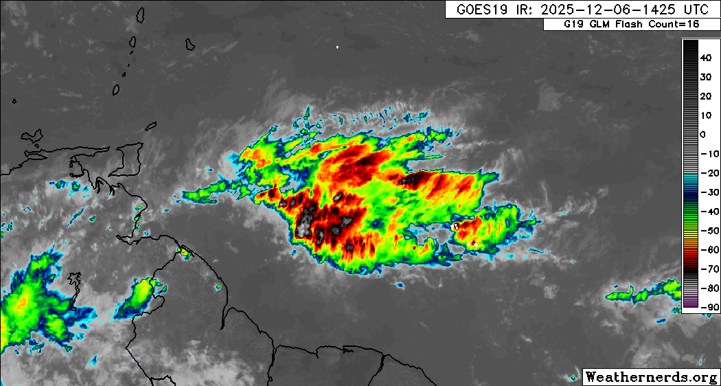 Activity associated with a low-level trough east of Trinidad and Tobago, forecast to bring rainfall to the country from tonight. (Weathernerds.org)
