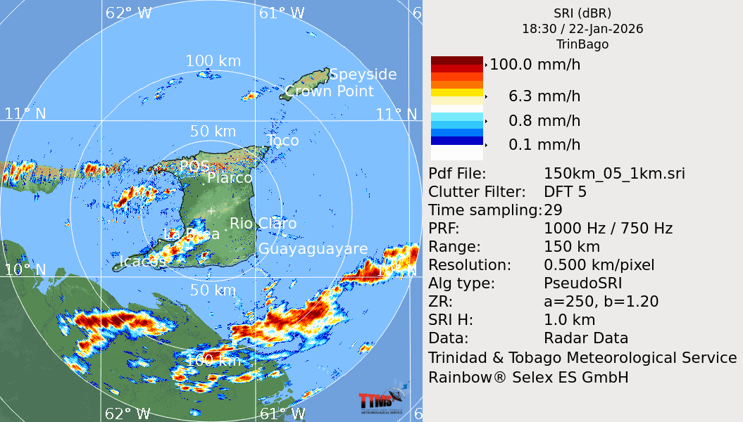 Radar loop from 2:30 PM Thursday, January 22nd, 2026, through 2:30 AM Friday, January 23rd, 2026. (Trinidad and Tobago Meteorological Service)