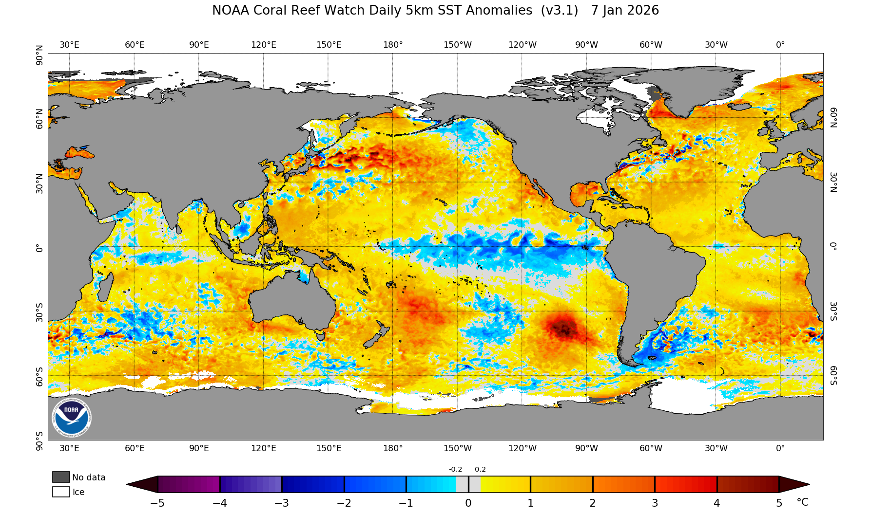 Global sea-surface temperature anomalies show an expansive area of below-average temperatures in the eastern and central Pacific Ocean, indicative of a La Niña event. Above-average sea-surface temperatures are also present across the Atlantic Ocean and near T&T. (NOAA Coral Reef Watch, January 7th, 2026).