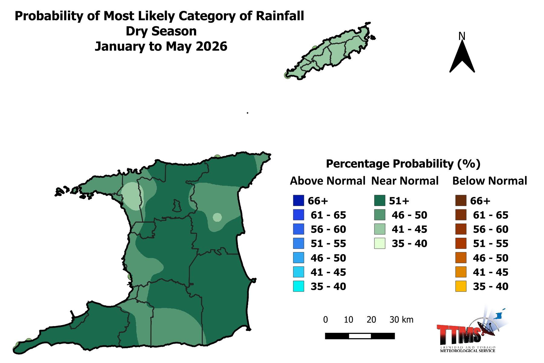 Category of rainfall likely for January through May with the highest chances of occurrence expressed as probabilities represented on the map. The 5-month period from January through May is likely to see near-normal rainfall across Trinidad and Tobago. (Trinidad and Tobago Meteorological Service)