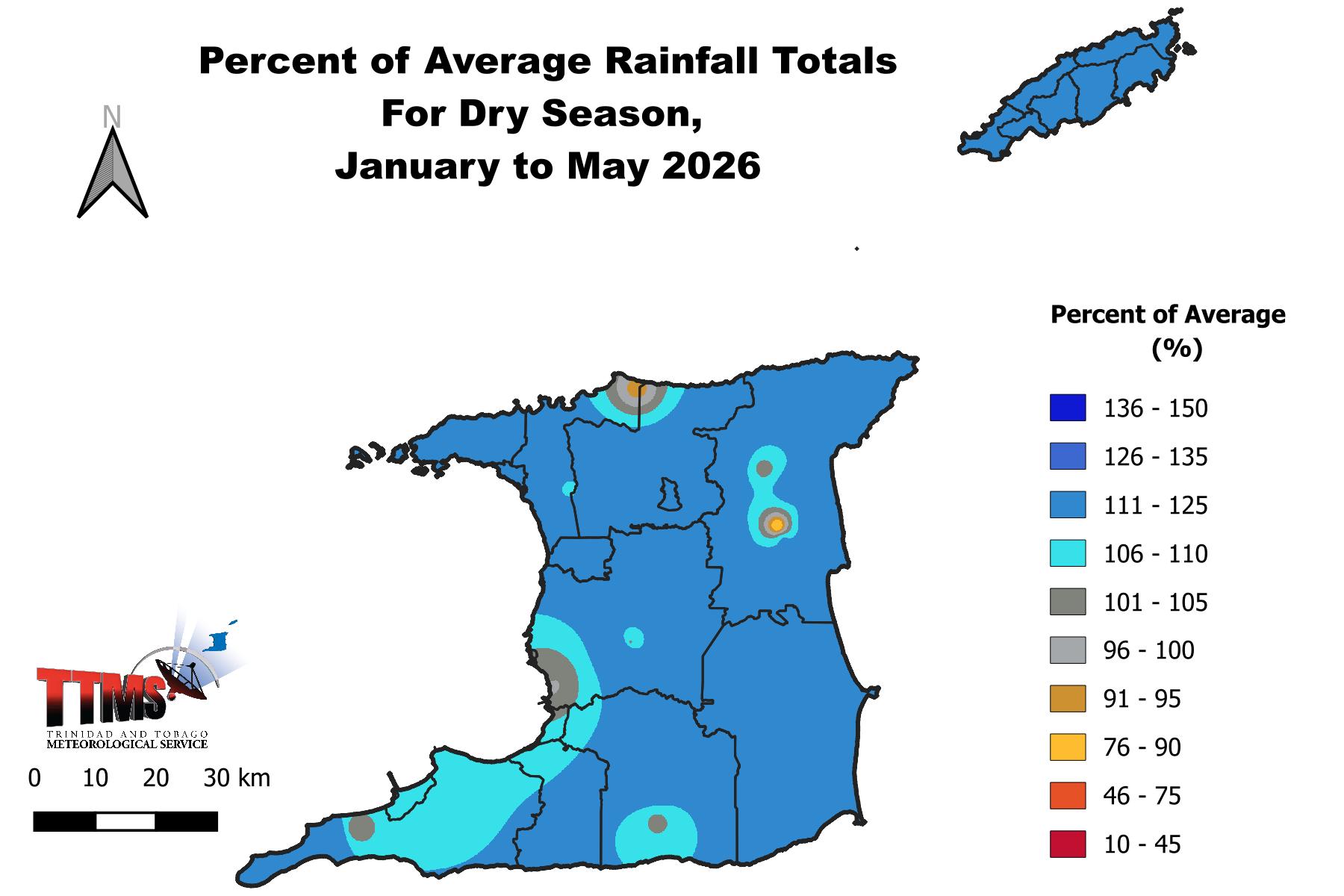 Percentage of average rainfall totals likely for the 2026 Dry Season. (Trinidad and Tobago Meteorological Service)