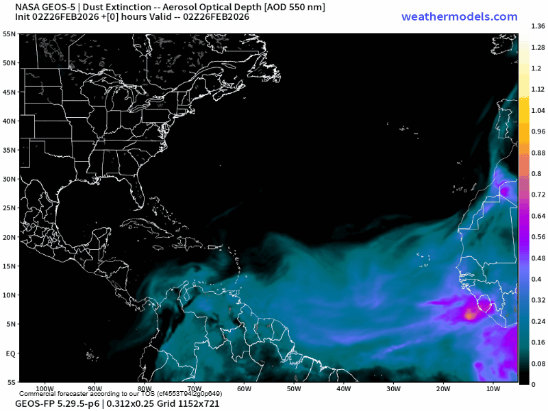 00Z Thursday, February 26th, 2026, NASA GEOS-5 Dust Extinction Monitoring Tropical Atlantic Dust Aerosol Optical Depth showing Saharan Dust. (Weathermodels.com)