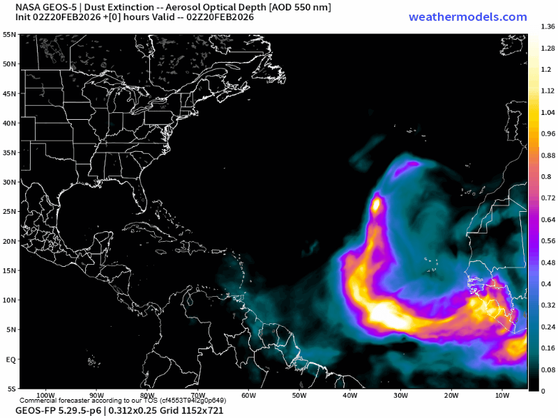 00Z Friday, February 20th, 2026, NASA GEOS-5 Dust Extinction Monitoring Tropical Atlantic Dust Aerosol Optical Depth showing Saharan Dust. (Weathermodels.com)