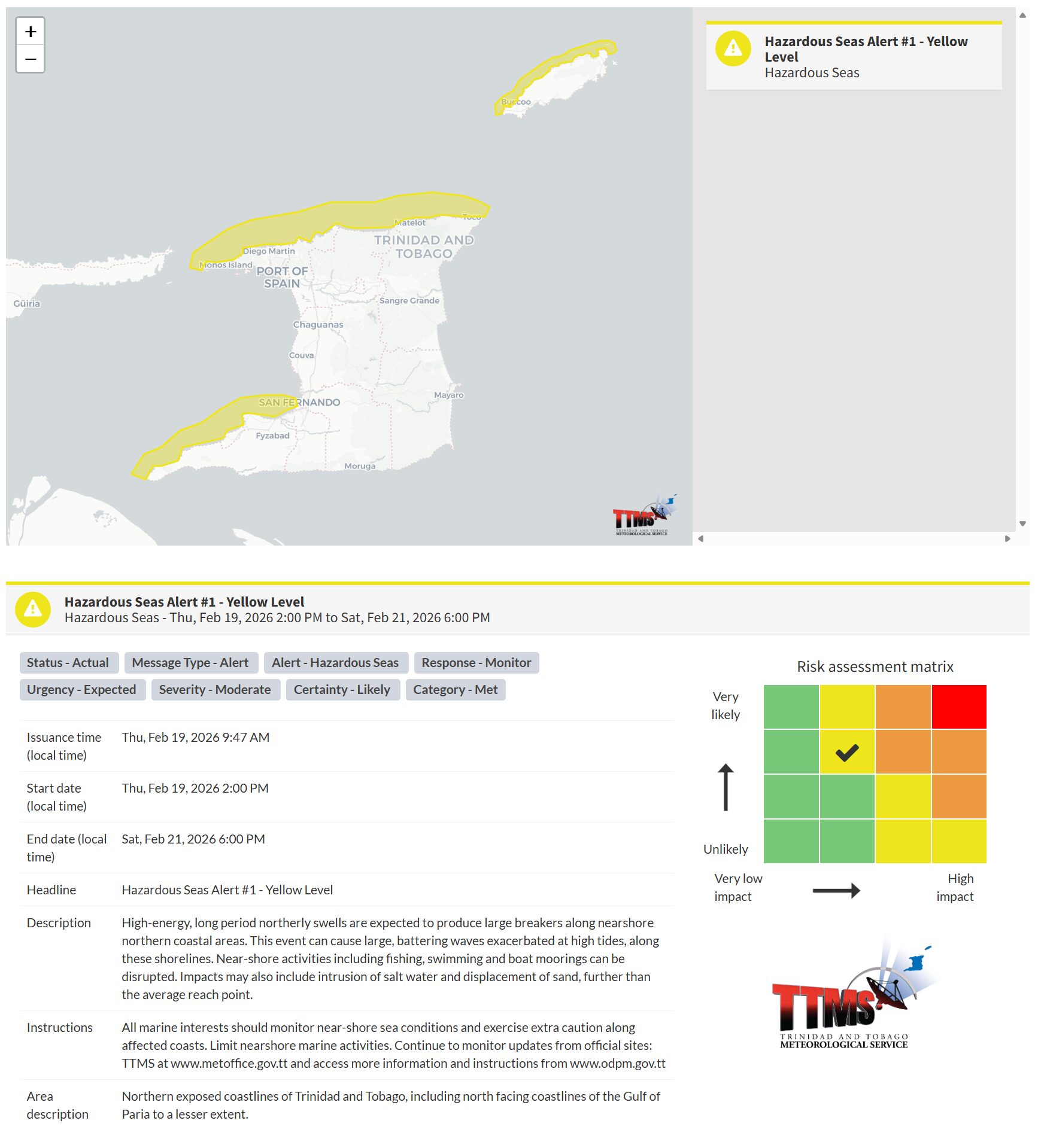 Hazardous Seas Alert information from the Trinidad and Tobago Meteorological Service