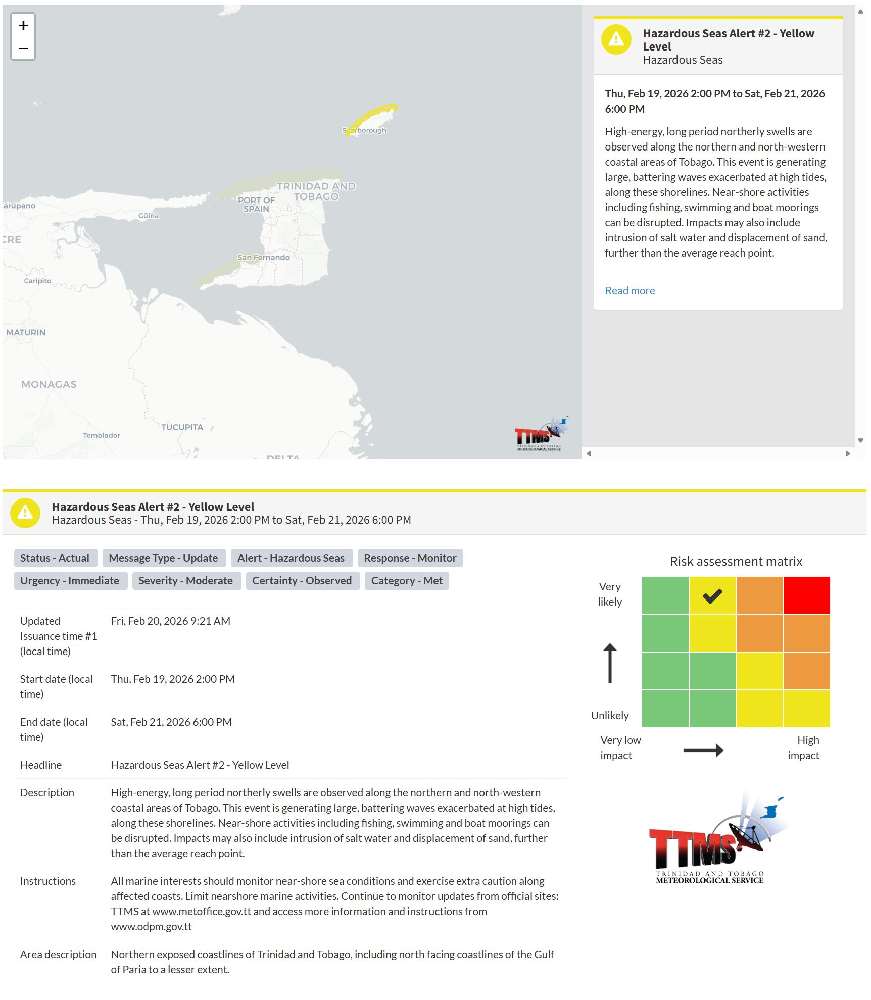 Hazardous Seas Alert information from the Trinidad and Tobago Meteorological Service