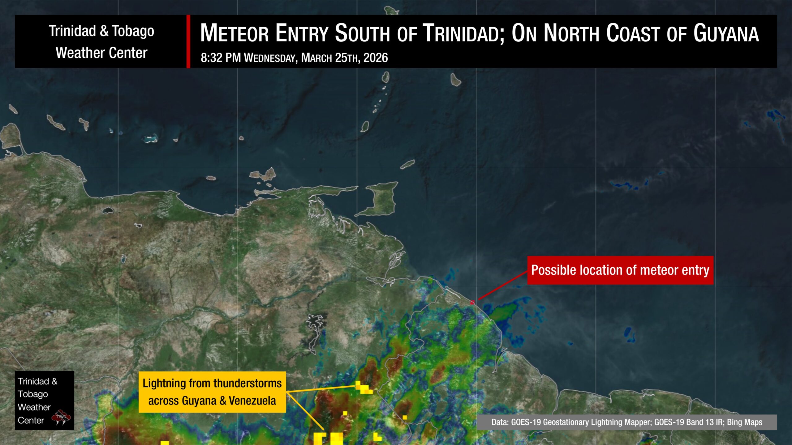 Meteor entry southeast of Trinidad and Tobago at 8:32 PM Wednesday, March 25th, 2026.
