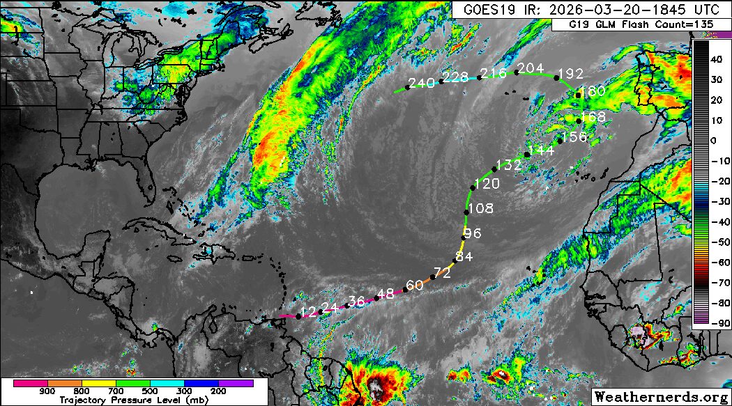 Back-trajectory of the air currently at low levels of the atmosphere across Trinidad and Tobago (Weathernerds)