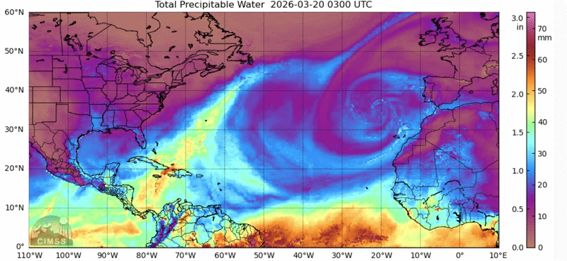 Total Precipitable Water (TPW) Imagery showing an area of unusually dry air (low TPW) moving across T&T and the southern Windwards between March 20th and March 22nd, 2026.