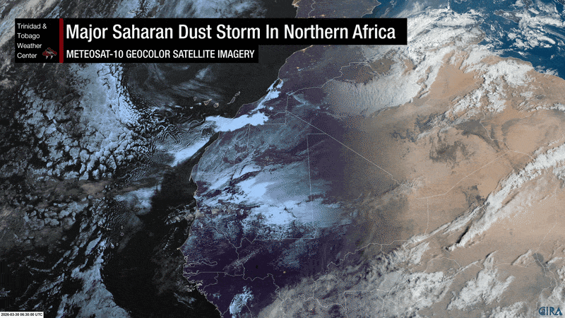Significant dust moving across northwestern Africa on Monday afternoon into the evening (RAMMB/CIRA)