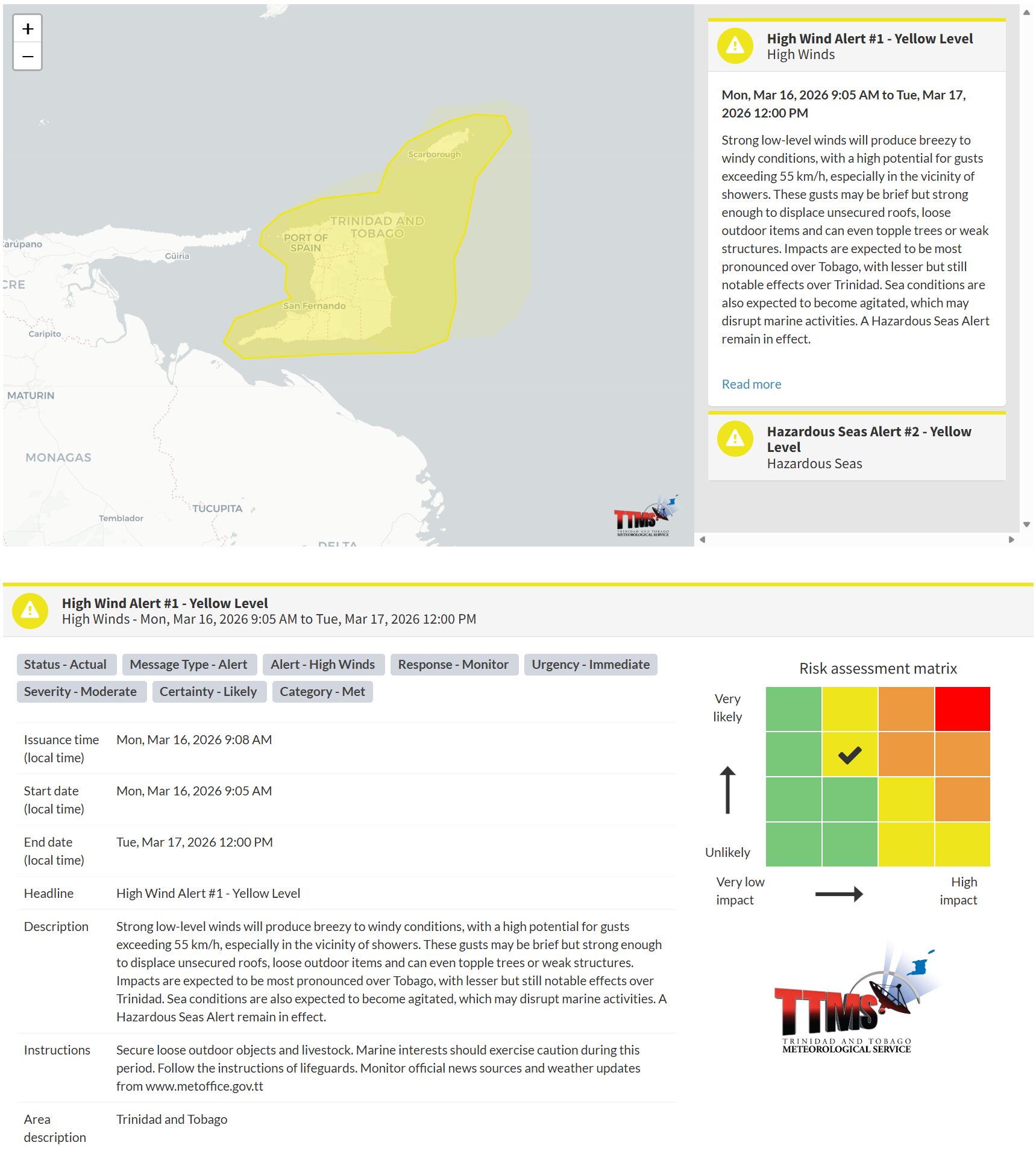High Wind Alert information from the Trinidad and Tobago Meteorological Service
