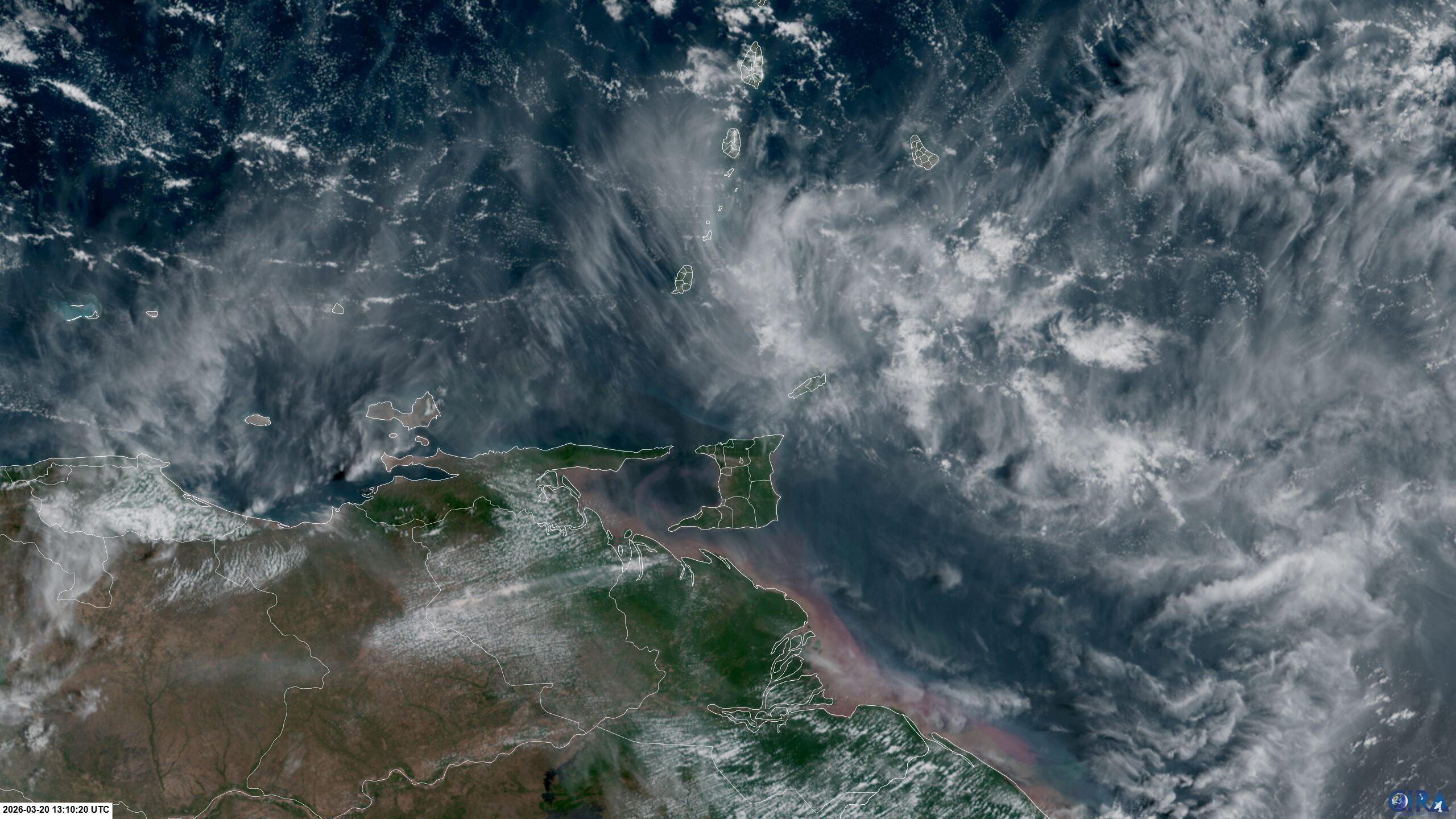 A mostly cloud-free Friday morning across Trinidad, with some upper-level clouds observed (NOAA/CIRA/RAMMB)