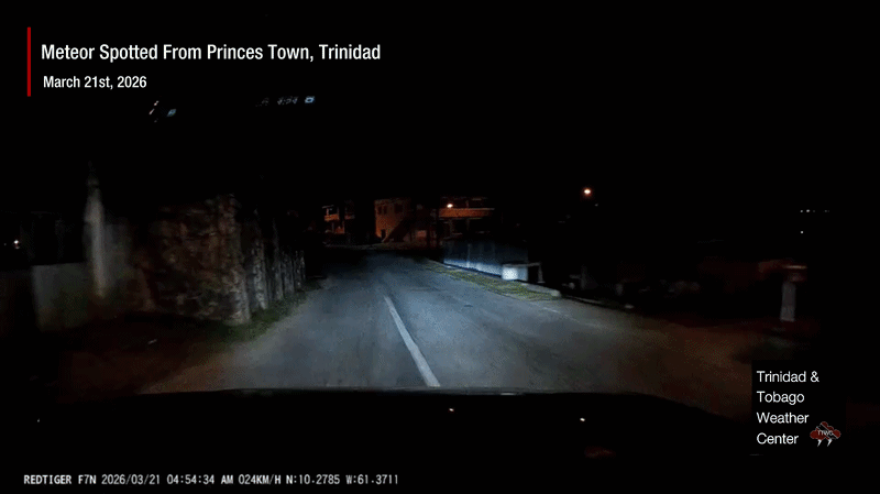 Dashcam footage of a meteor entry west of Trinidad, seen from Princes Town. (Clayton Morgan/TTWC)