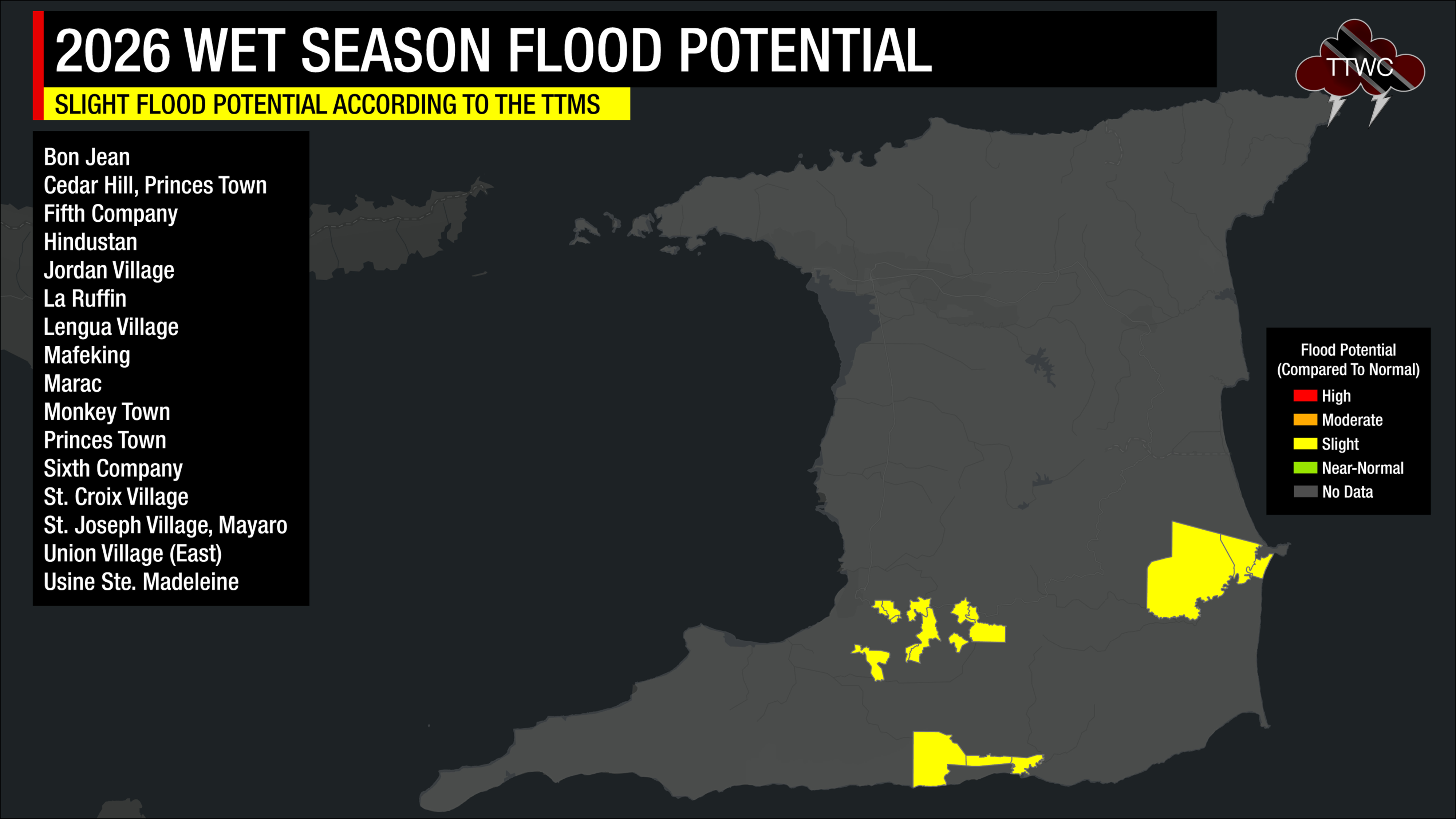 According to the Trinidad and Tobago Meteorological Service, the 2026 Wet Season Flood Risk Potential is compared to normal risk. Red indicates a much higher-than-normal flood potential. Orange indicates moderately higher-than-normal flood potential; yellow shows slightly higher-than-normal flood potential; and green shows near-normal flood potential.