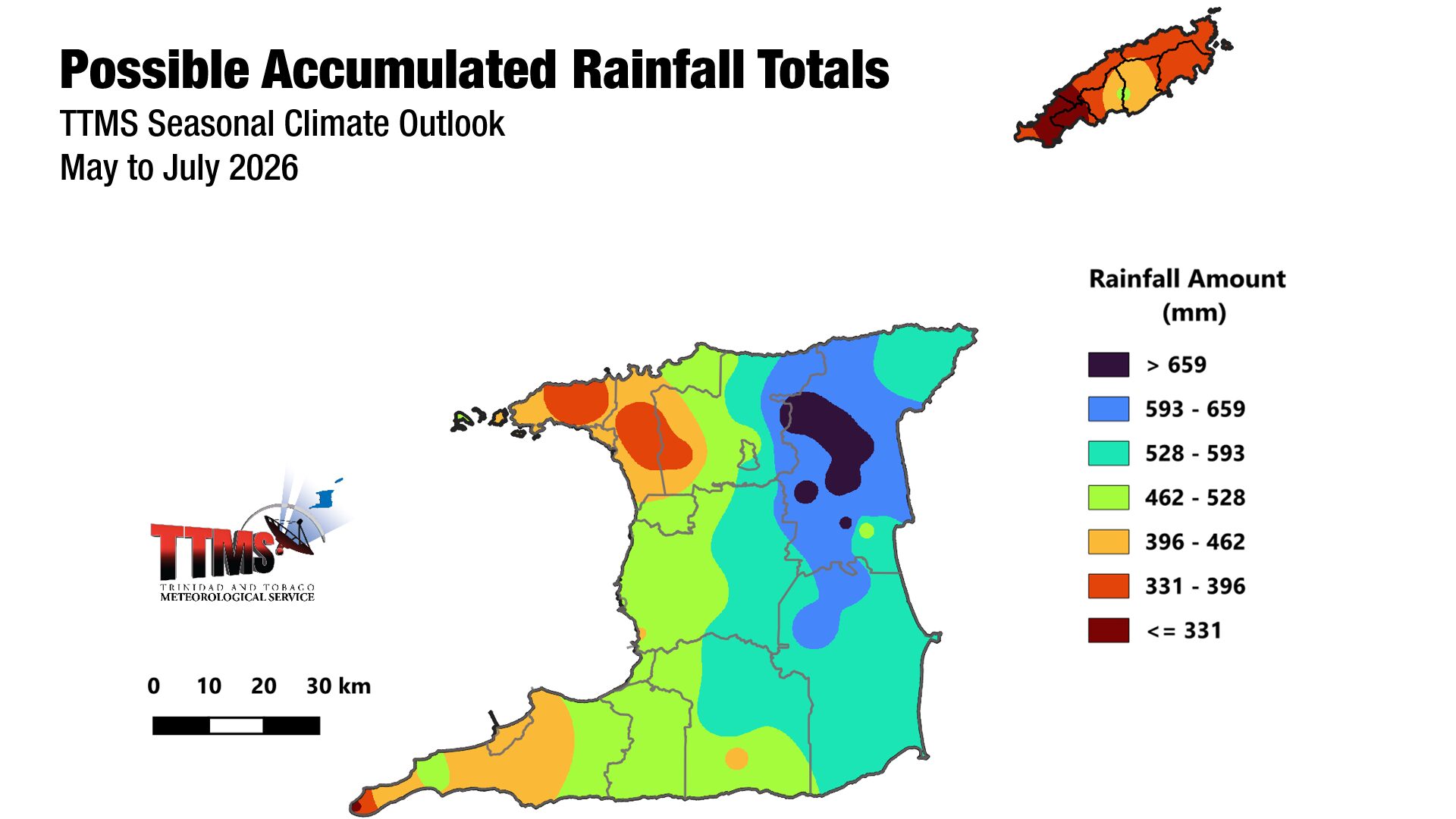 Outlook of possible rainfall accumulated totals for May to July, with the highest chance of occurrence. (Trinidad and Tobago Meteorological Service)