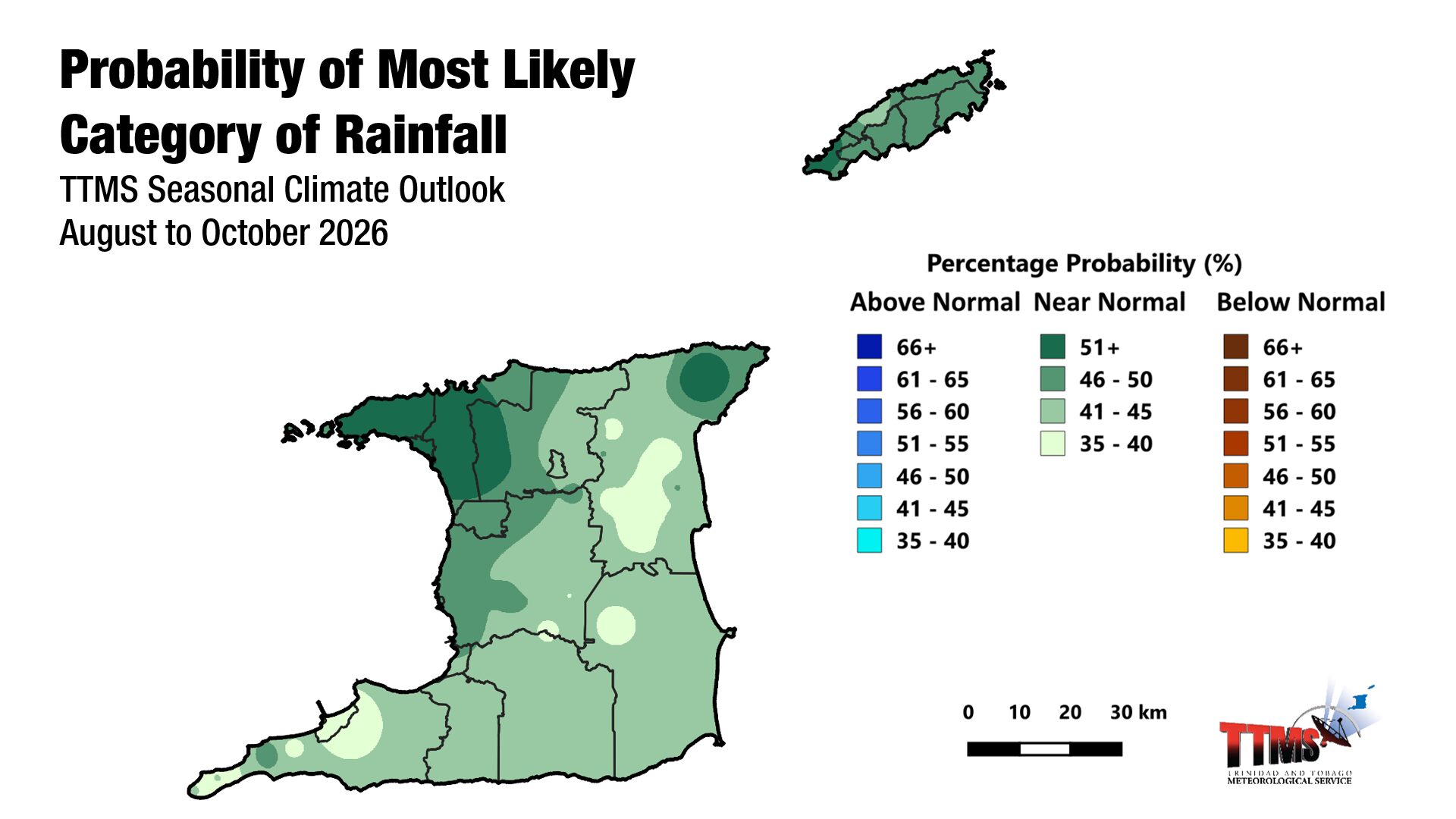 Category of rainfall likely for August to October (ASO), with the highest chances of occurrence expressed as probabilities represented on the map. The 3-month period from August to October is likely to see near-normal rainfall across both Trinidad and Tobago. (Trinidad and Tobago Meteorological Service)