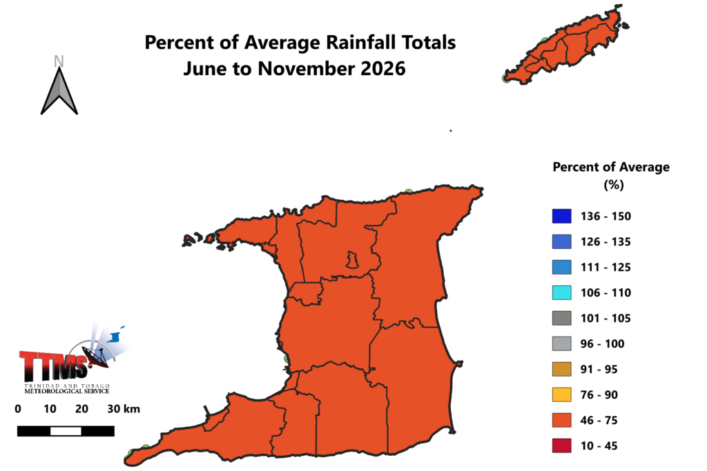 Percentage of Average Totals during the Wet season, June to November 2026 (Trinidad and Tobago Meteorological Service)