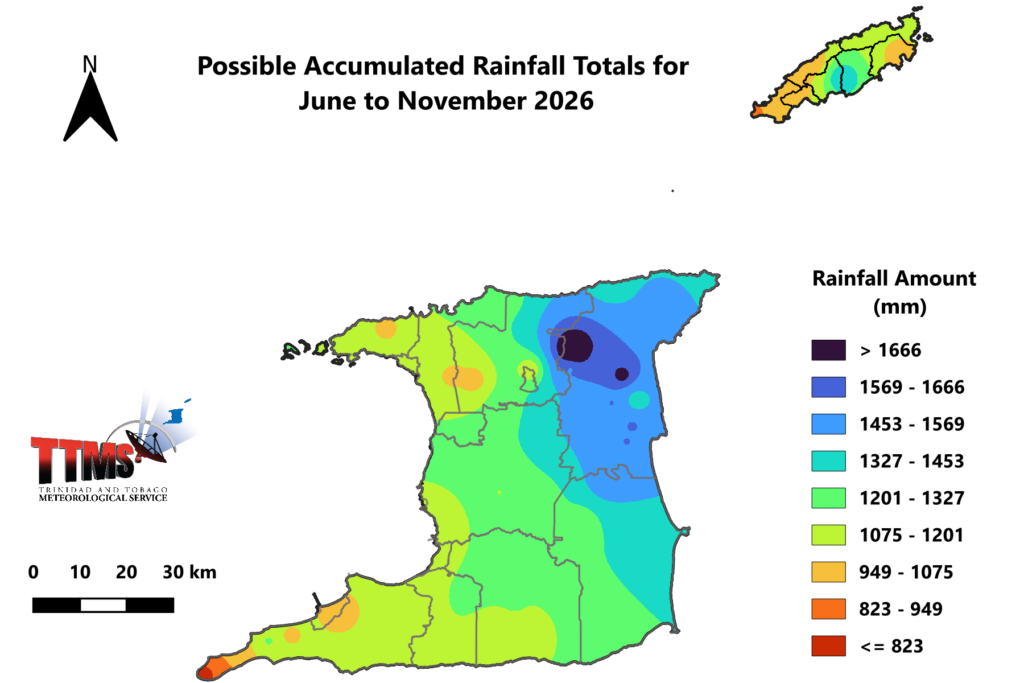Possible accumulated rainfall totals with the highest chance of occurring during the 2026 Wet Season. (Trinidad and Tobago Meteorological Service)