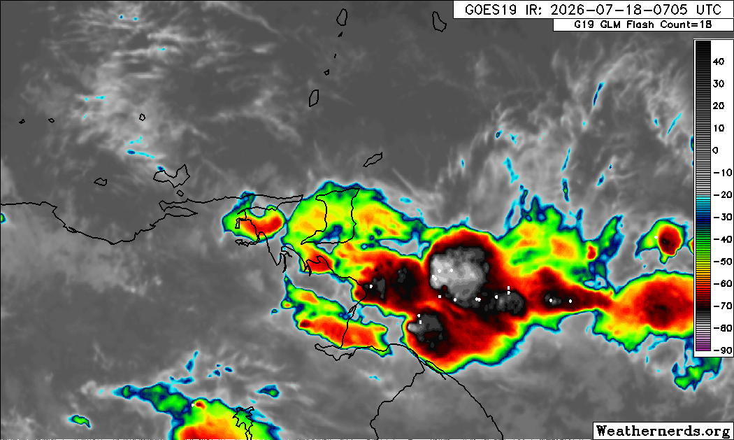 An active ITCZ south of Trinidad on Saturday morning. (Weathernerds.org)