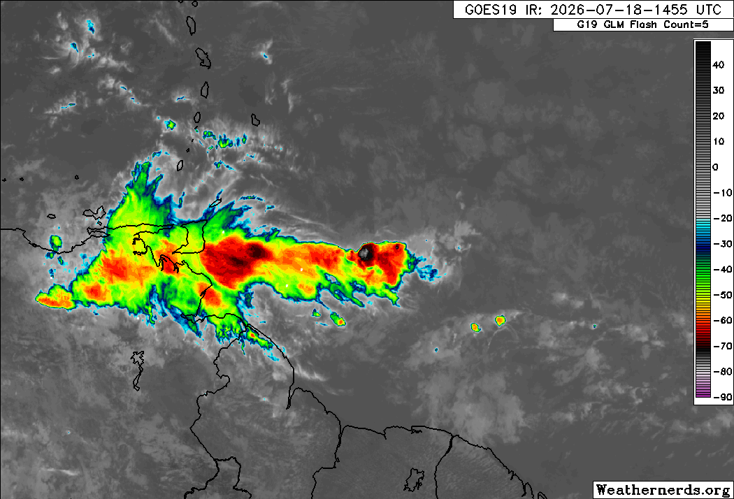 Activity associated with the ITCZ subsiding near Trinidad on Saturday morning into the afternoon, with additional showers and thunderstorms developing to the east associated with Tropical Wave 27 (Weathernerds.org)